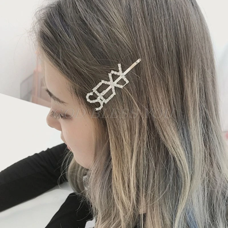 Sweet Girls Korean Style Capital Alphabet Funny Letters Hairpins Glitter Rhinestone Embellishment Side Straight Hair Clips Women