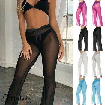 

New Fashion Women Casual Beach Mesh Sheer Bikini Cover Up Swimwear Bathing High Waist Long Pant Trousers S-XL