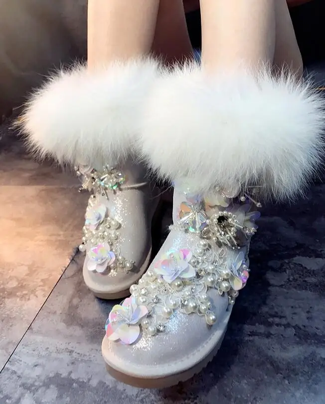 

Warm home custom big fox fur crown jewel crystal handsome high tube leather European station snow boots star models
