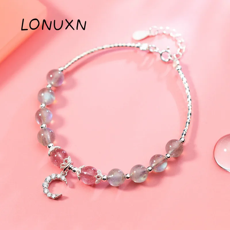 

High quality 925 sterling silver natural semi-precious stones moonlight strawberry crystal moon female jewelry bracelet gift