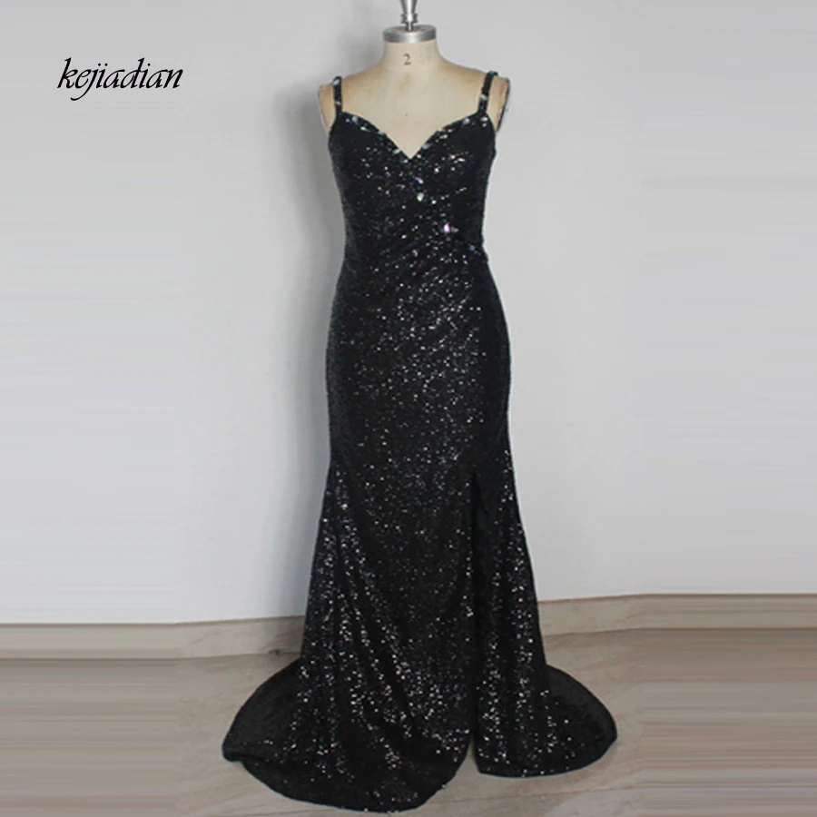 

Real Sample Vestido De Festa Custom Made black sequins strap Beading Formal dresses Bridesmaid Dresses long 2018 court train