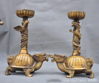 

christmas 8"China Bronze Dragon turtle Dragon phoenix lotus Candle Candlestick Holder Pair halloween
