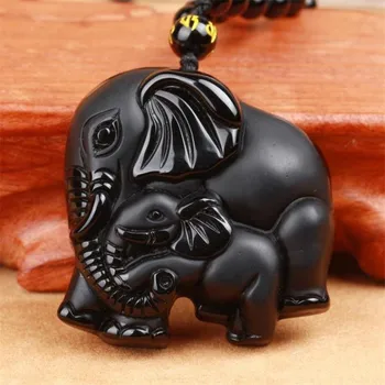 

Chinese Handwork Natural Black Obsidian Carved Mother Baby Cute Elephant Amulet Lucky Pendant Necklace Fashion Jewelry Healing
