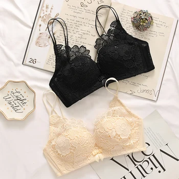 

Floral embroidery push up thicken seamless bra and panty set hollow out fashion deep-v neck sexy women underwear intimates