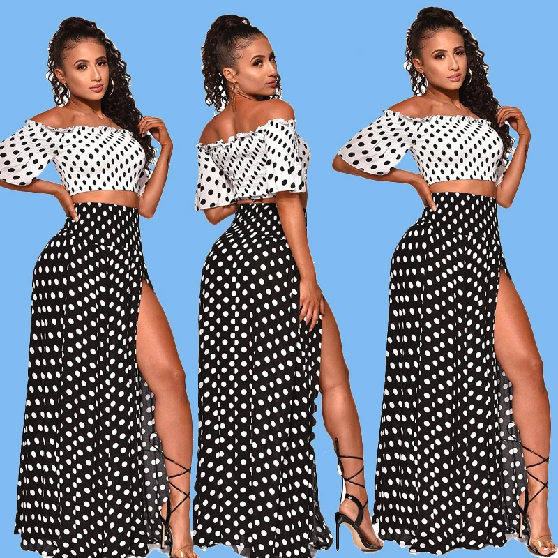 

Black White Polka Dot 2 Piece Skirt Suits Women Sexy Club Outfits Off Shoulder Crop Top Clothing Two Pcs Co-ord 2019 Summer Set