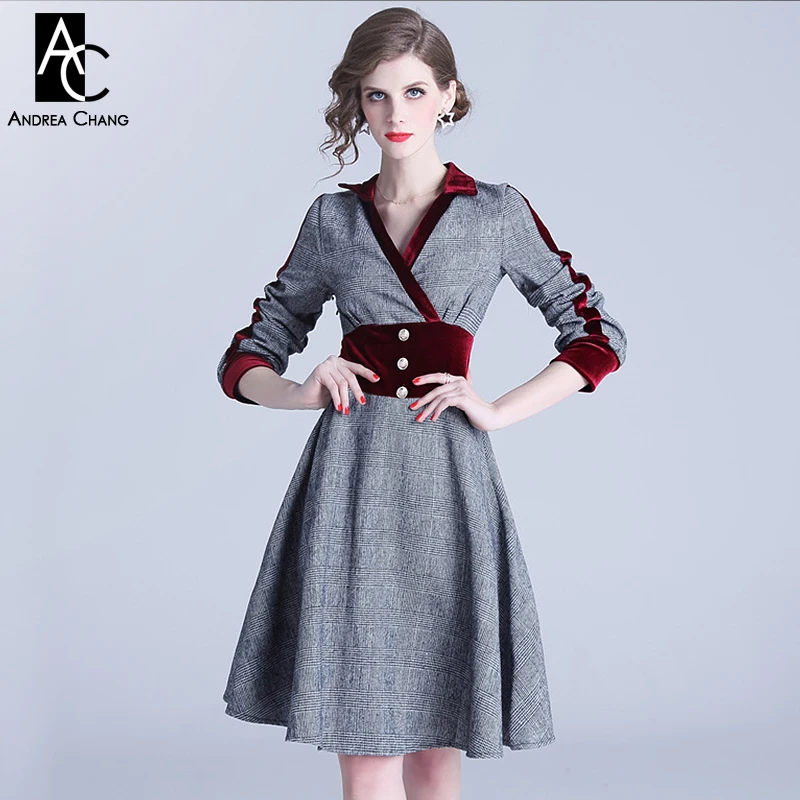 

S-XXL spring autumn woman dress black white gray plaid pattern wine red velvet patchwork dress fashion office knee length dress