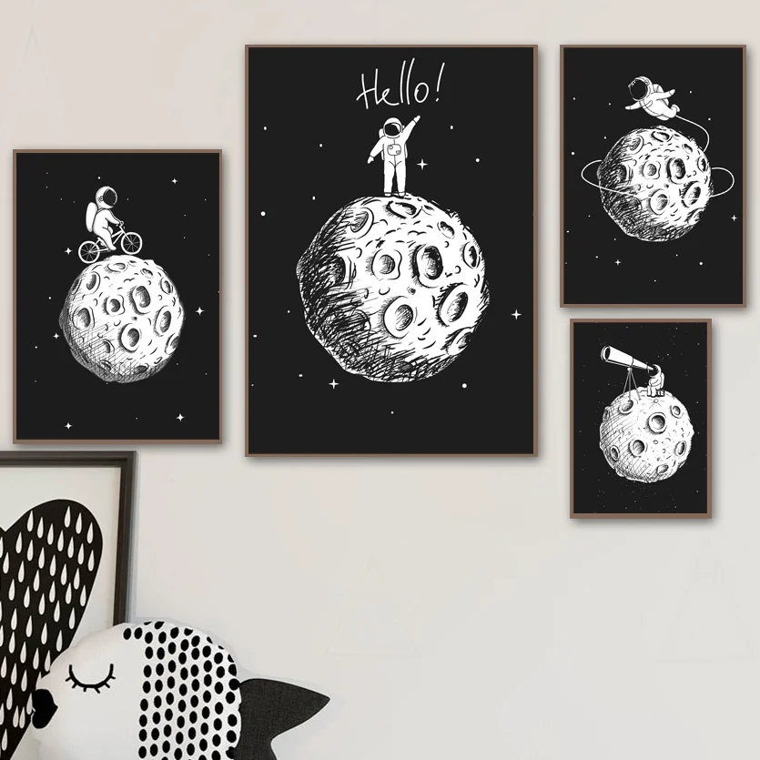 

Black White Astronaut Moon Wall Art Canvas Painting Nordic Posters And Prints Cartoon Wall Pictures For Kids Room Nursery Decor