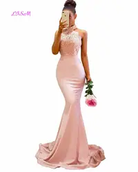 Для женщин кружева с аппликацией и юбкой-годе платье подружки невесты с лямкой на шее длинное официальное вечернее платья для свадьбы;