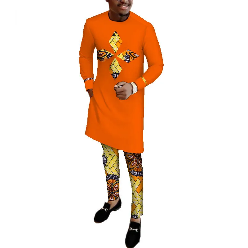 Осенняя мужская одежда в африканском стиле, большие размеры, Дашики, мужские рубашки и штаны из 2 предметов, хлопковая одежда с длинными рукавами и круглым вырезом, WYN513 - Цвет: 7