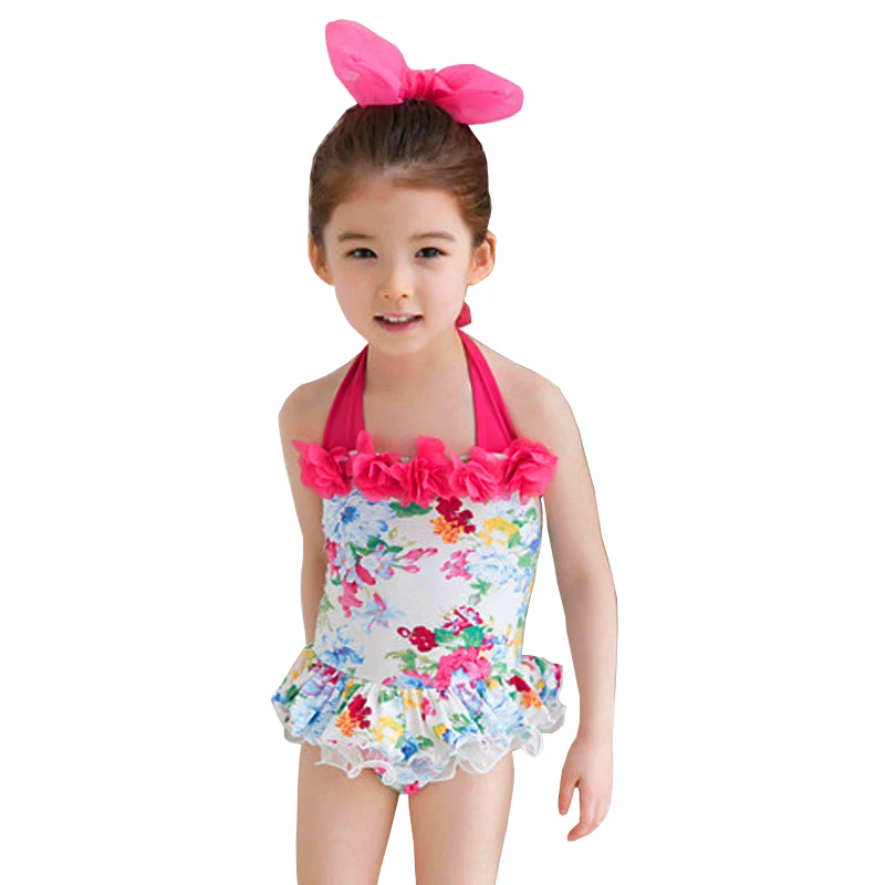 GI FOREVER Children One Piece Suit With Cap Girl Floral Lace Swimwear