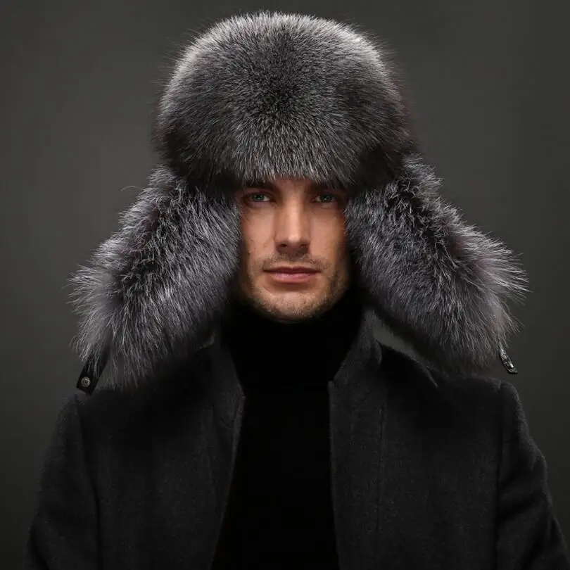 IANLAN Mens Full-pelt Blue Fox Fur Bomber Hats Real Raccoon Fur Earmuffs Hats Winter Outdoor Real Sheep Leather Caps IL00238 bomber crew beanie hat with full face covering