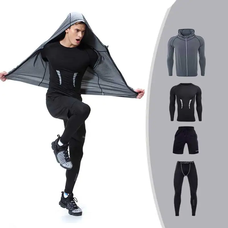 

4 Pieces Men GYM Compress Fitness Sets Long Tee Top + Legging + Shorts Workout Exercise Sport Shirts Running Tights A209