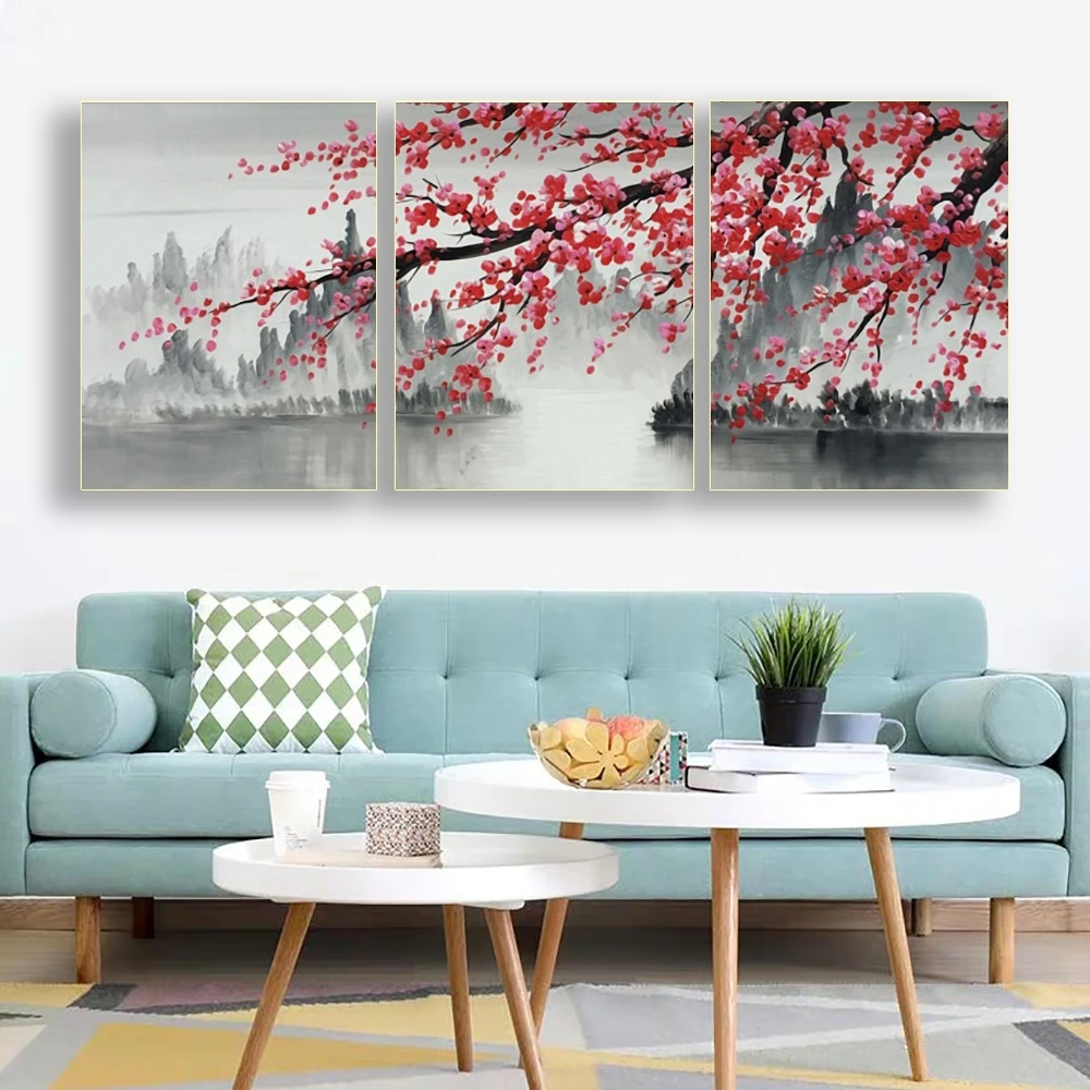 Online Laeacco Leinwand Chinesische Kunst Malerei Kalligraphie Poster und Drucke Pflaume Blume Wand Kunstwerk Bilder für Wohnzimmer Wohnkultur