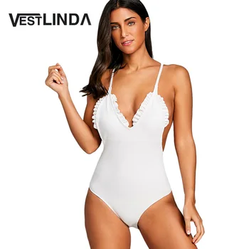 

VESTLINDA Ribbed Frilled Trim Cami Strap Bodysuit Women Summer Backless Romper Sexy Bodysuit Beach Bathing Suit Rompers Overalls