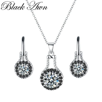 

[BLACK AWN] Vintage 925 Sterling Silver Jewelry Sets Black Spinel Wedding Women's Necklace Pendant Earrings Set Z007
