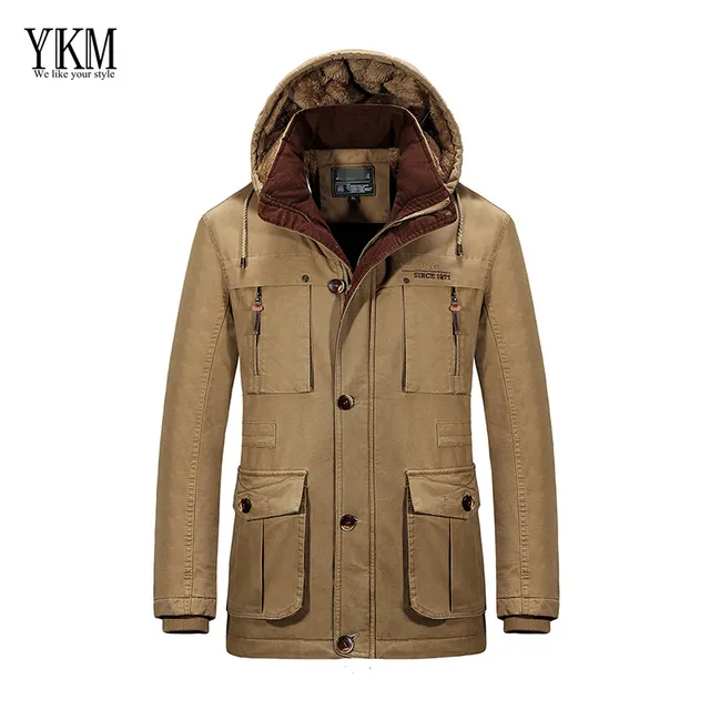 Cheap YKM L-8XL Men's brand winter warm coat casual cotton long section of cotton hooded Removable padded jacket outdoors coat