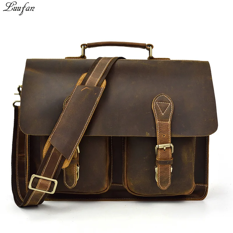 

Crazy Horse Genuine Leather Men Briefacse Bags Cowhide Messenger Laptop Business Bag 15" Big Work Handbag Shoulder Bag Portfolio