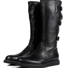 Модные черные мужские сапоги до колена; мотоботы; мужские зимние сапоги из натуральной кожи с пряжкой; Большие европейские размеры 45