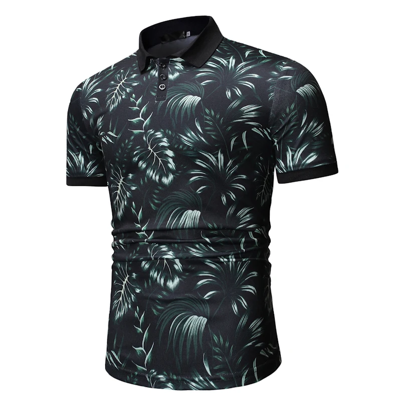 NEGIZBER New Summer Men's Polo Shirt Casual Lapel Slim Polo Shirt Plant Print Short-sleeved Polo Shirt Men