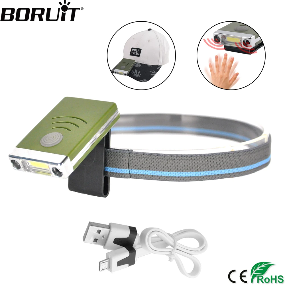 buy BORUiT Super Bright COB LED Headlamp IR Sensor Headlight USB Charger Built in Battery Head Torch Camping Hunting Flashlight