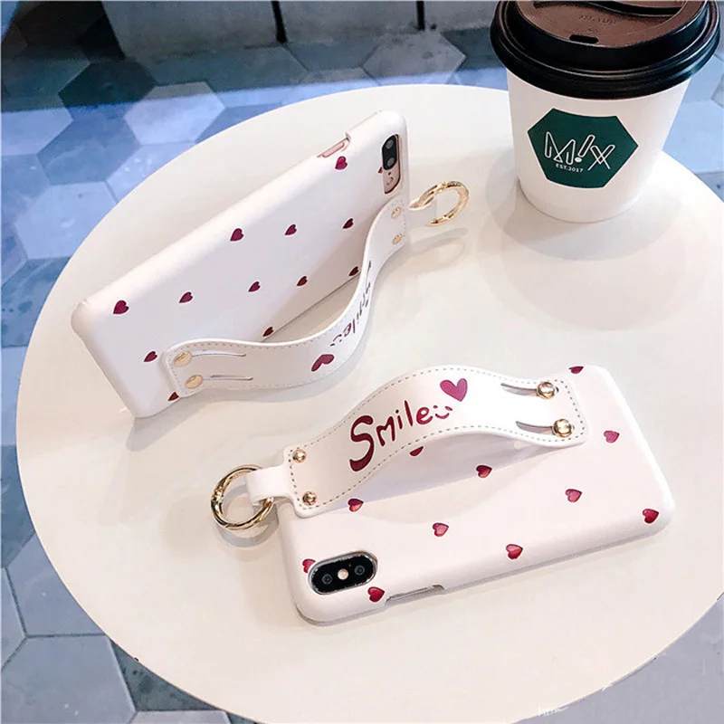 PU Leather Case with Holder Grip for iPhone XS XR XS MAX X 7 plus 7 8 6s plus6s Love Heart Patterned Hard Case with Wrist Strap