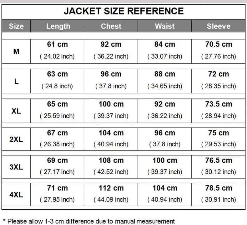jacket size reference