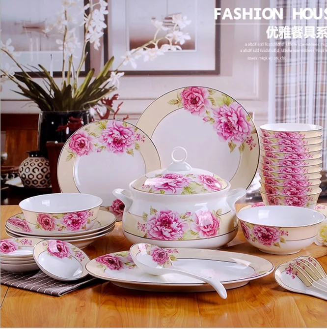 

Jingdezhen 58 pieces western style Phnom Penh ceramic tableware set wholesale ceramic tableware, bowls and sets of peony Fairies