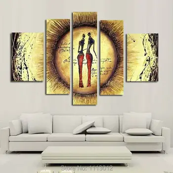 

Hand Painted Coconut 5 Piece Set Nude Women Yellow Sunset Line Oil Painting On Canvas Modern Abstract Home Wall Decoration Art