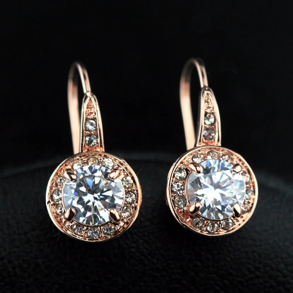 GR.NERH Brand Jewelry Rose Gold 1ct Round CZ Stone Hook Earrings High