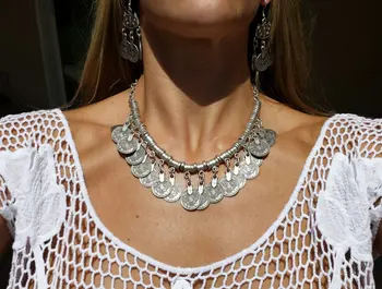 

Boho Ethnic color Metal Gypsy Necklace Coachella Beach Choker Bib Coin Statement Necklace For Women Turkish Festival Jewelry