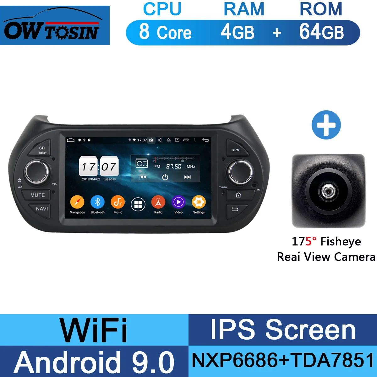 " ips 8Core 4G ram+ 64G rom Android 9,0 автомобильный dvd-плеер для Fiat Fiorino Qubo Citroen Nemo peugeot Bipper 2008- CarPlay Parrot - Цвет: 64G Fisheye Camera