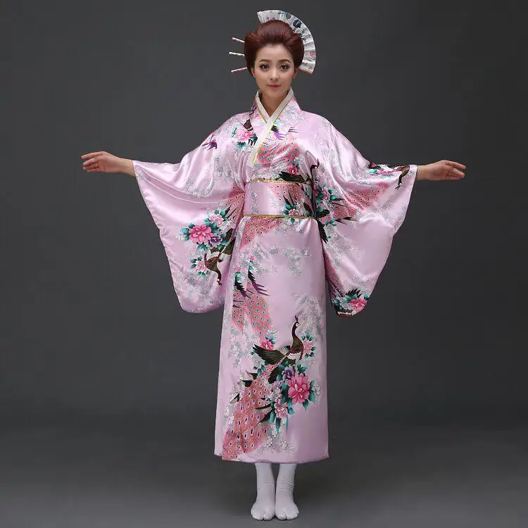 Синее винтажное японское женское кимоно атласное банное платье юката платье с Obi одежда Peafowl один размер WK004 - Цвет: Розовый
