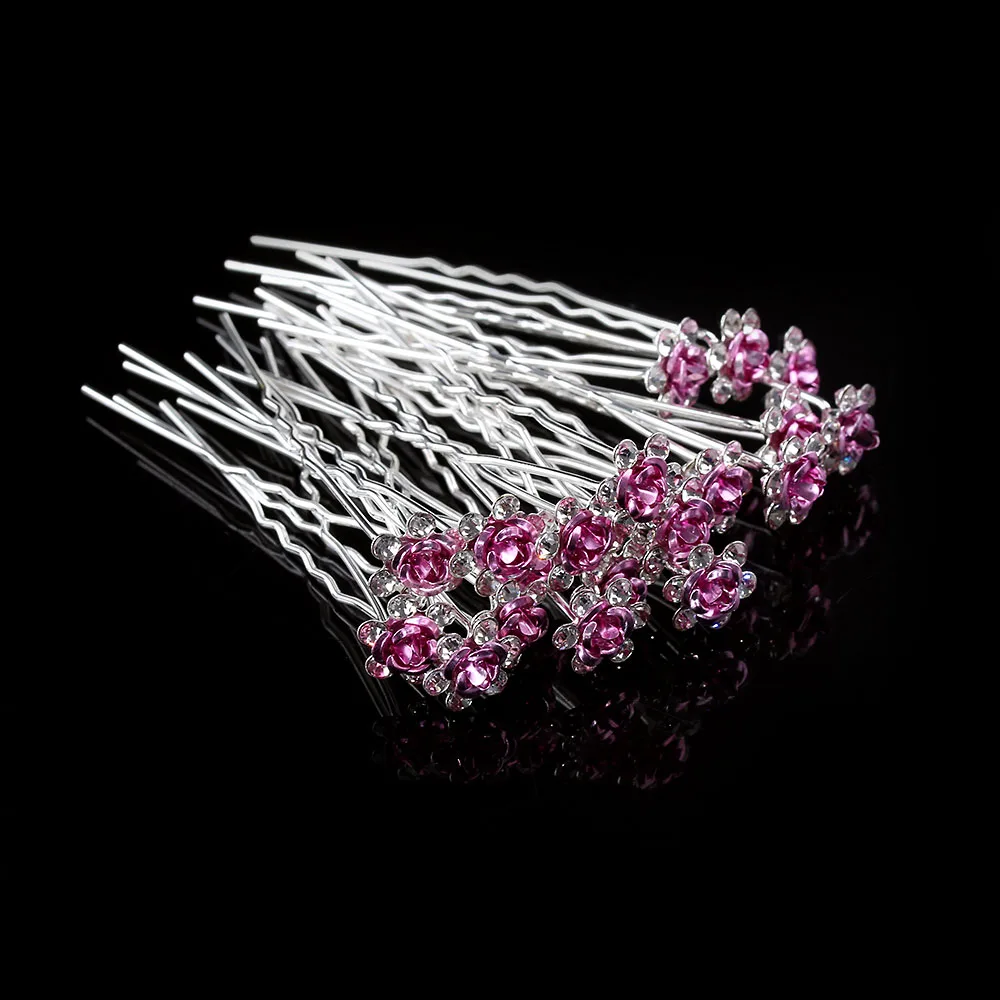 20Pcs/pack Wedding Bridal Clear Crystal Rhinestone Rose Flower Hair Clips Hair Accessories Jewelry Barrettes Headwear for Women