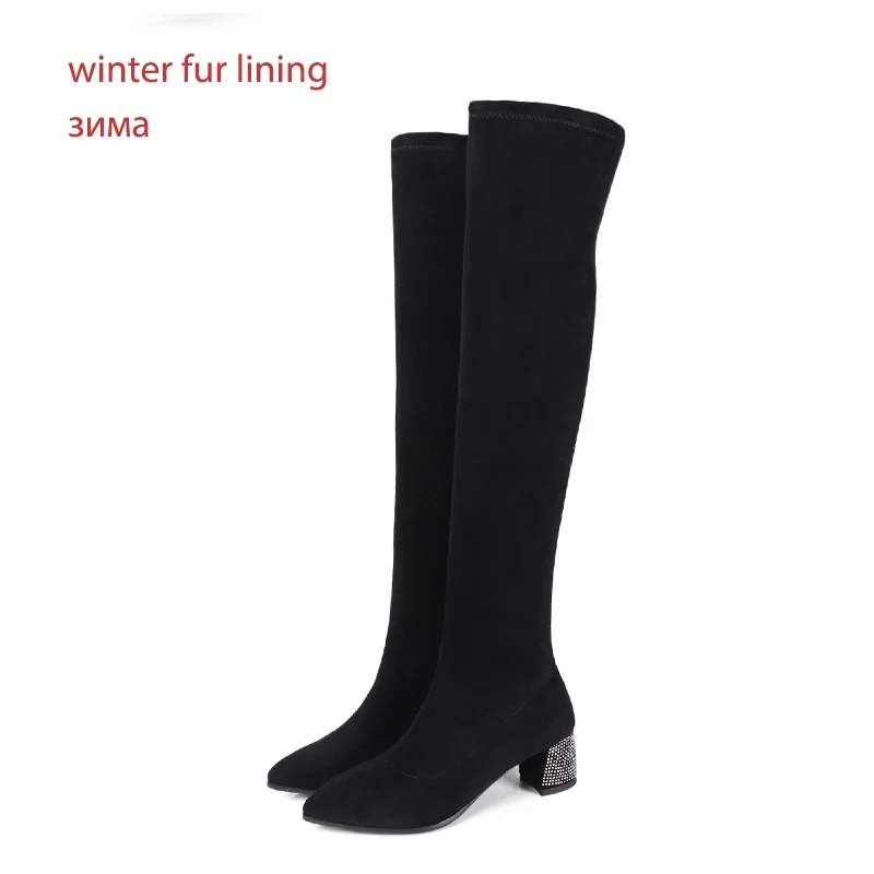 WETKISS/женские ботфорты выше колена из эластичного флока; обувь с острым носком; женские сапоги на высоком каблуке со стразами; женская зимняя обувь фиолетового цвета - Цвет: black  long