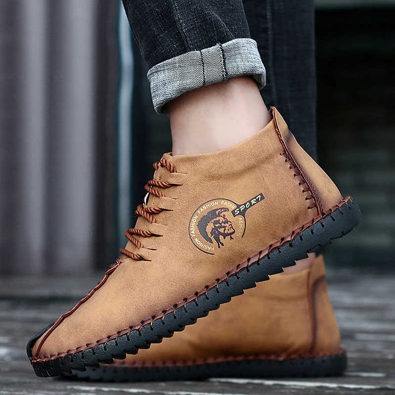 

HYFMWZS Big Size 48 Warm Winter Shoes Men With Fur Leather Shoes Antiskid Men Waterproof Sneakers High Ankle Walking Shoes 2018