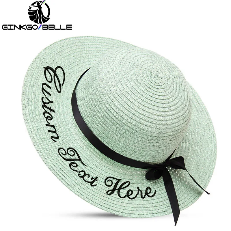 

Custom Name LOGO Text Cildren Girls Sun Hat Boy Lace Ribbon Bow Large Brim Straw Hat Outdoor Beach hat Summer Cap Dropshipping