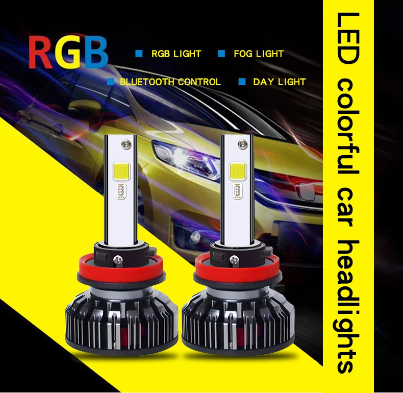 2 шт. автомобиль RGB светодиодный фар H1 H3 H4 H7 H8 H11 9005 9006 H13 9012 5202 светодиодный лампы приложение Bluetooth Управление многоцветные 40 Вт 6000LM