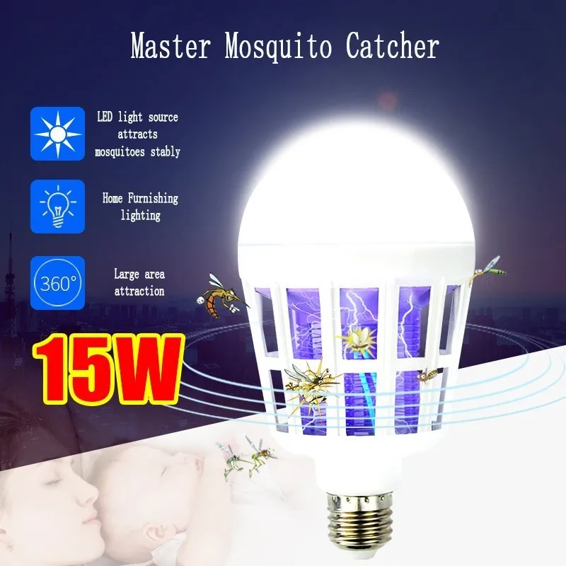 

220V 15W E27 LED Bulb With Mosquito Killer Lamp Odorless Electric Fly Bug Insect Zapper Killer Trap 2 in 1 Lamp Night lamps