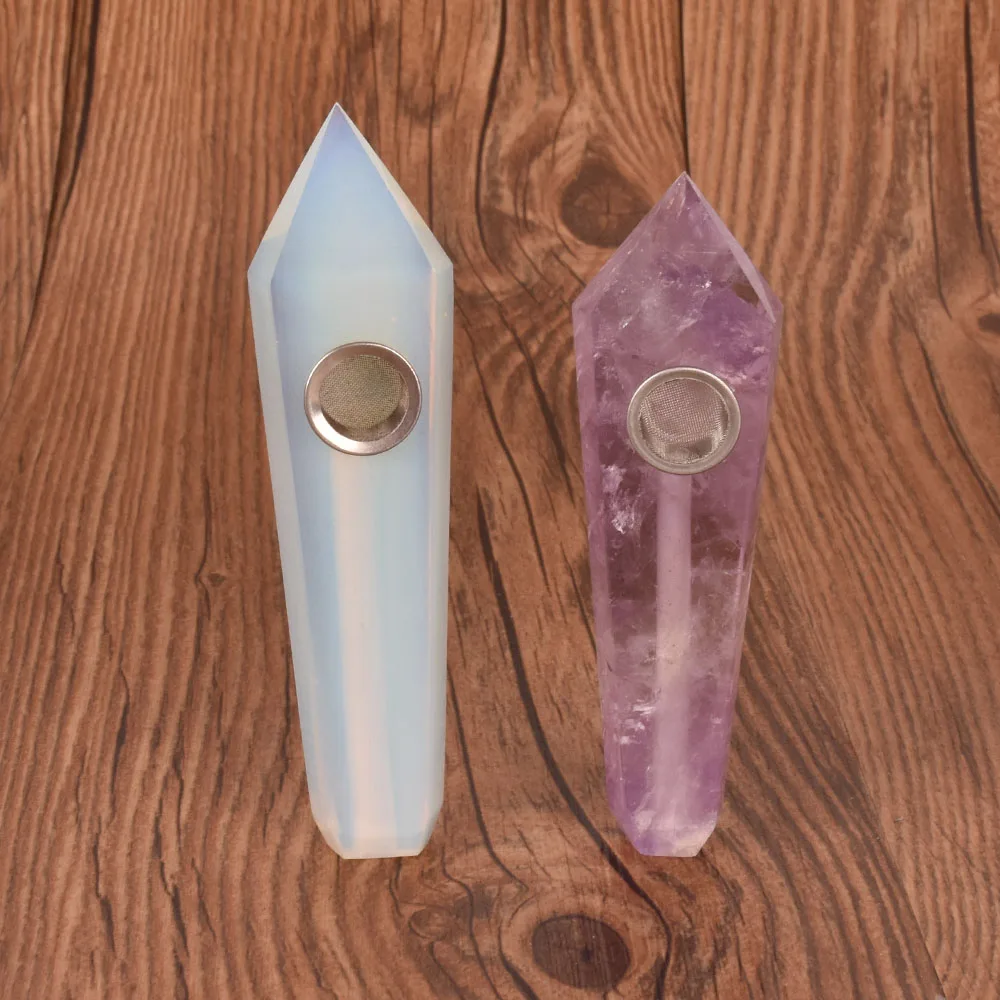 

2PCS Natural opal and purple crystal Pipe Cigarette Holder Magic Wand Point Health Tobacco Smoking Pipe Healing Gift Cure