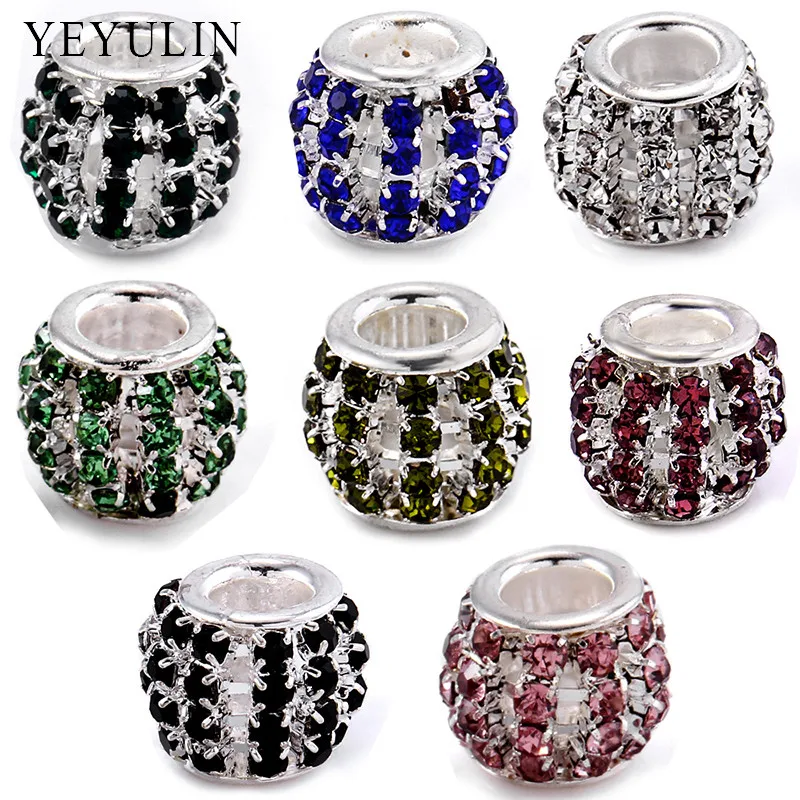 

High Quality Silver Color Rhinestone Hollow Big Hole Spacer Beads For Jewelry Making DIY Accessories 10pcs