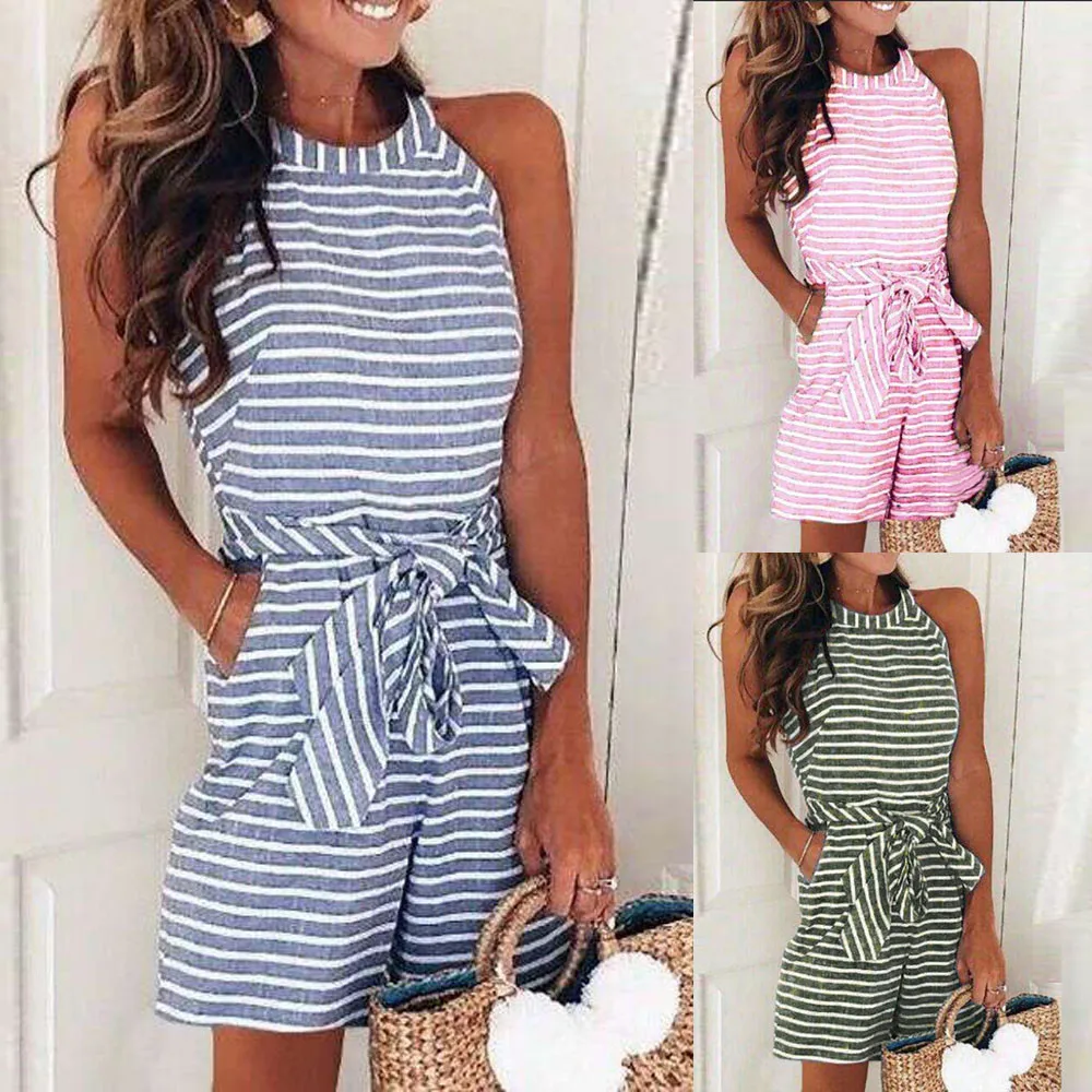 round neck striped jumpsuit