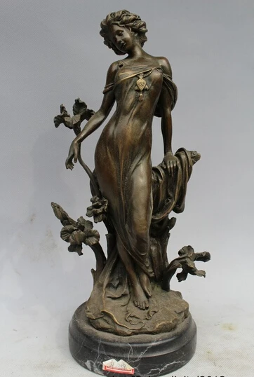 

wholesale factory 12"Western Art sculpture Pure Bronze Marble Women Flower Bell Girl Statue