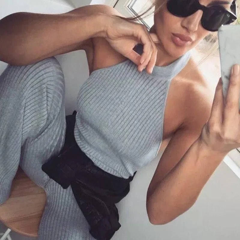 

2019 European and American Open Back Hanging Neck Feeling Pit Pair of Trousers Elastic Waist Full Length Pants Women