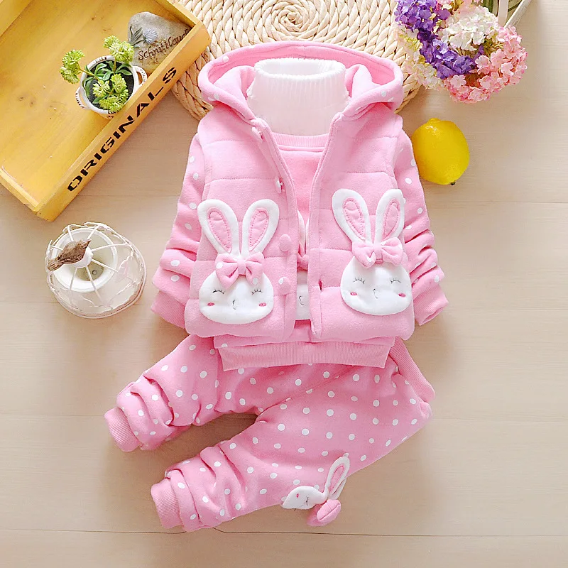 Baby Girl Winter Clothes Sets Hooded Down Jacket Rabbit Print Overalls Snow Wear Children Toddler Clothing 3 pcs 1 2 3 4 Years