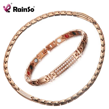 

Rainso Luxury CNC Zirconia Jewelry Set Crystal Inlay Necklaces Bracelets Rose Gold Color Never Fade Magnetic Hologram Jewellry