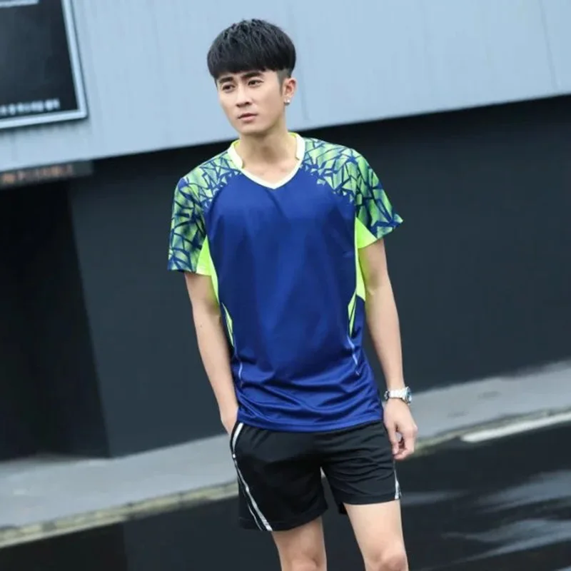 2 шт. Корейская спортивная одежда женские/мужские теннисные рубашки+ шорты Одежда для бадминтона одежда для настольного тенниса дышащий спортивный комплект 3XL - Цвет: men Sapphire blue