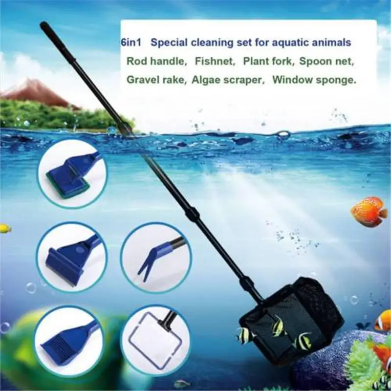 

6 in 1 Aquarium Cleaning Kit Fish Tank Brush Glass Wiper Tool Set Long Handle Telescopic Aquarium Cleaning Tool