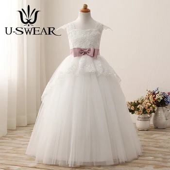 

U-SWEAR 2018 New In White Lace Embroidery Kid Flower Girl Dresses Bow Sleeveless Ball Gown For Wedding Communion Dresses Vestido