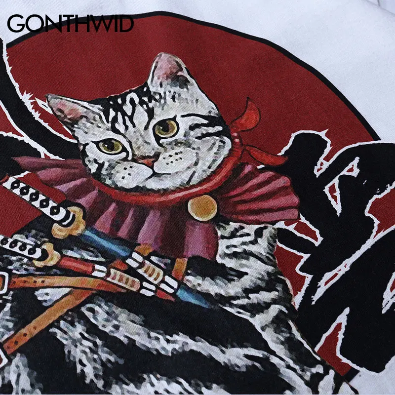 GONTHWID японский самурайский кот печатных футболки с коротким рукавом хип хоп