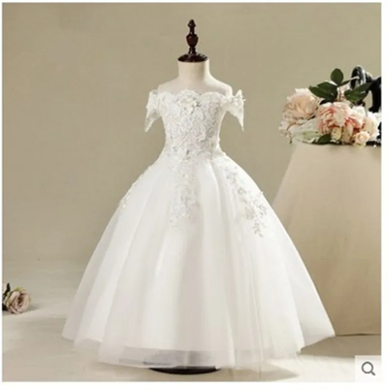 Длинное платье с цветочным узором для девочек, украшения бисером, свадебное платье для девочек, длинное бальное платье без Плеч - Цвет: Белый
